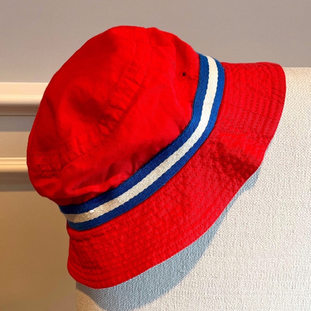 Mini Boden Red Bucket Hat with Blue & White Stripe Detail